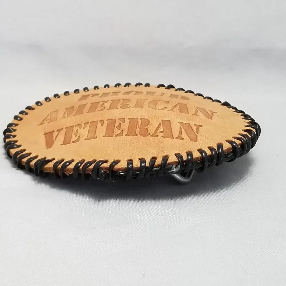 Proud American Veteran Leather Belt Buckle Oval‎ Black Stitch USA Pride